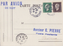 CP Par Avion De Nuit Obl Toulouse Gare Le 26/10/45 Sur 80c Et 70c Dulac N° 687, 688 En Poste Restant à Bordeaux - 1944-45 Marianne Van Dulac