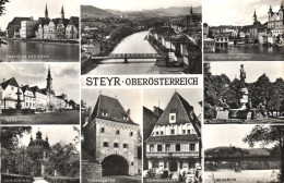 STEYR, MULTIPLE VIEWS, ARCHITECTURE, BRIDGE, CARS, STATUE, AUSTRIA, POSTCARD - Steyr