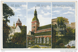 Riga Smilšu Iela Doma Baznica Nacionalā Opera Un Tima Tilts - Colored Triple View Picture Postcard - Lettonie