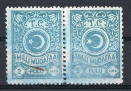 1941 TURKEY 2 L. TYPE II NATIONAL DEFENSE TAX STAMPS PAIR NO GUM - Gebruikt