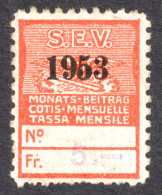 Train Railway S.E.V. SEV Gewerkschaft Verkehrspersonals LABEL CINDERELLA 1953 Switzerland Transport Workers Union - Spoorwegen