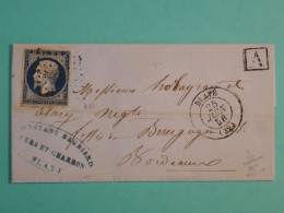 DH19 FRANCE  BELLE  LETTRE RR  1856 BLAYE   A BORDEAUX  +CACHET A +NAPOLEON N°14    ++AFF. INTERESSANT++++++ - 1849-1876: Periodo Clásico