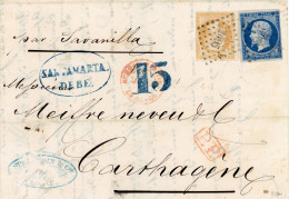 2 Juillet 1857 N°14A+N°13A Sur Lac De Le Havre Vers Carthagene En Colombie,Santamarta Debe Taxe 15 Bleue,signée Calves - 1849-1876: Classic Period