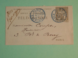 DH20 FRANCE  BELLE  CARTE TELEGRAMME  PARIS 1897  PARIS   +C. BLEUS +TELEGRAPHE   ++AFF.  PLAISANT++++++ - Telegraaf-en Telefoonzegels