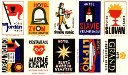 Czechoslovakia - Czechia 10 Matchbox Labels - Hotels Jordán A Slovan Tábor, Slavie Pehrimov, Lipno, Grand, Zlatá Hvezda - Boites D'allumettes - Etiquettes