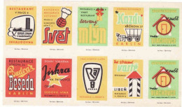 Czechoslovakia - Czechia 10 Matchbox Labels - Restaurants Invalidovna, U Kazdu, Budvar - Beseda Karlin, Červený Mlýn - Boites D'allumettes - Etiquettes