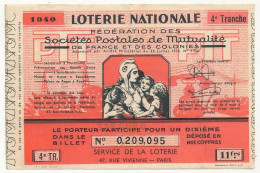 FRANCE - Loterie Nationale - Fédération Des Sociétés Postales De Mutualité - 1/10ème - 4ème Tranche 1940 - Billets De Loterie