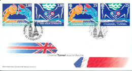 Joint Issue: France & Great Britain FDC 3-5-1994 Channel Tunnel Complete Set From Both Countriues On 1 Cover With Cachet - Emissions Communes