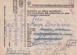 Jugoslavia 1947 Postcard Kriegsgefangenenpost  Lager Kalvaria Zemun Marija Bursać From Canstein Marsberg Marga Biermann - Cartas & Documentos