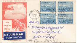 Canada FDC 24-9-1951 Centenary Of Canada's Postage Stamps 7 C. In Block Of 4 With Cachet And Sent To Denmark - ....-1951