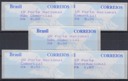 Brasilien Selbstkl. ATM 1997, Wert 3-stellig, Satz 5 Werte  22-31-36-51-105 ** - Automatenmarken (Frama)