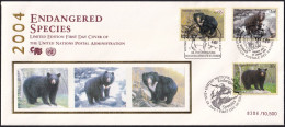 UNO NEW YORK - WIEN - GENF 2004 TRIO-FDC Gefährdete Arten - Seidendruck - Limitiert - Gemeinschaftsausgaben New York/Genf/Wien