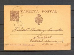 1901 DENIA - ALICANTE , ENTERO POSTAL ED. 36, CIRCULADO A NUEVA YORK, ALFONSO XIII, PELÓN - 1850-1931