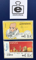 España Spain 1996, LITERATURA CERVANTES, 2 ETIQUETAS CON TEXTO "CD ANYS DEL QUIXOT ", EPELSA, RARO!! - Viñetas De Franqueo [ATM]