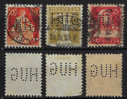 Switzerland 1897/1944 3 Stamp With Perfin HUG By Hug & Co Music Store In Zurich And Basel Lochung Perfore - Perforés