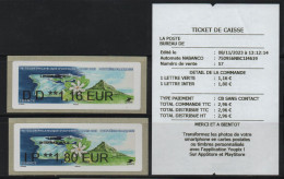 2 ATMs, NABANCO Reçu 1er Jour,LETTRE VERTE DD1.16€, LETTRE PRIORITAIRE INTERNATIONALE IP 1.80€, Polynésie, Tiaré, Lagon. - 2010-... Illustrated Franking Labels