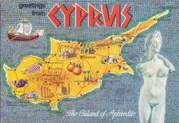 Cyprus PPC Greetings From Cyprus The Island Of Aphrodite Map Landkarte LARNAKA 1988 ROSKILDE Denmark (2 Scans) - Chypre