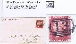 Great Britain 1858 LC14 1d Red Plate 27 ED Brilliant Fresh Used On Clean Cover Tied "13" Oval Of Ambleside - Lettres & Documents