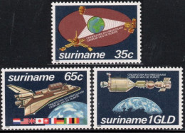 Suriname 1982 Space Research 3 Values MNH Satellite, Columbia Shuttle,  Apollo & Sojuz Coupling - Sud America