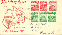 Australia FDC 11-2-1953 Food Production Complete In 2 X 3 Stripes With Cachet And Sent To Denmark - FDC