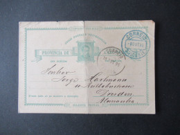 Portugal 1895 Ganzsache 30 Reis Blauer Stempel Correio S. Vicente Und Schw. Correio Lisboa Nach Dresden Gesendet - Interi Postali