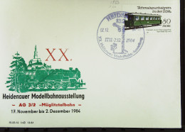 DDR: Brief "XX. Heidenauer Modellbahnausstellung" Mit SoSt. Vom 17.11.1984 Mit 80 Pf Schmalspurbahnen Der DDR Knr: 2867 - Macchine Per Obliterare (EMA)