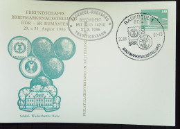 GS-Postkarte Briefmarkenausstellung DDR-Rumänien Mit SoSt. RADEBEUL 1 Vom 30.8.1986 Und Stpl. "Befördert Mit ZUG 14210 - Private Postcards - Used