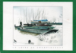 49 Champtoceaux Animée Le Port De La Patache Péniches Gabares Batellerie Pêcheur à La Ligne AQUARELLE D.CLAVREUL - Champtoceaux