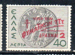 GREECE GRECIA ELLAS 1945 POSTAL TAX STAMPS TUBERCULOSIS SURCHARGED 2d On 40l MH - Nuovi