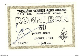 *croatia Zagreb Robni Magazin  Robni Bon 50 Dinara 1/1990 With Stamps  C12 - Croatie