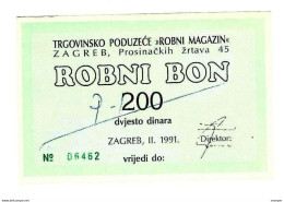 *croatia Zagreb Robni Magazin  Robni Bon 200 Dinara 2/1991 With Stamps  C14 - Kroatië