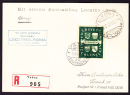 1940 2 FR Wappenmarke Auf R-Karte Aus Vaduz Mit Swissair Flug Locarno - Roma Nach Zürich. - Luftpost