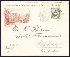 1893 Brief Von Hotel Metropol In Monte Carlo An Hotel Florence In Bellagio. Leichter Senkrechter Bug. Ankunftsstempel - Briefe U. Dokumente