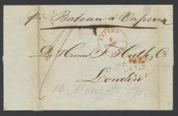 1845 Voorloper Zonder Inhoud, 'per 'Bateau à Vapeur', Vanuit Anvers, Dd. 9 November 1845 Naar Londen. Mooie Stempel Rood - 1830-1849 (Belgique Indépendante)