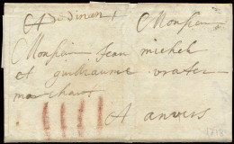1718 Voorloper Met Inhoud, Vanuit Dinant (manuscript DE DINANT), Naar Antwerpen, Port IIII In Rood Krijt, Zm - 1714-1794 (Paises Bajos Austriacos)