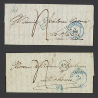 1844 Twee Brieven Brussel Met Postbusstempel  in Cirkel I (blauw) En AV (zwart) Naar Lokeren, Zm - 1830-1849 (Independent Belgium)