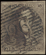 N° 1 10c. Bruin, Volrandig, P.26 Châtelet, Centrale Afstempeling, Positie 189, Prachtig, Zm (COBA €20) - 1849 Hombreras