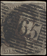 N° 1 10c. Bruin, Volrandig, P.65-Jemappes, Centrale Afstempeling, Prachtig, Zm (COBA €15) - 1849 Schulterklappen