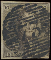 N° 1 10c. Bruin, Volrandig, P.73-Liège, Centrale Afstempeling, Prachtig, Zm (OBP €90) - 1849 Schulterklappen