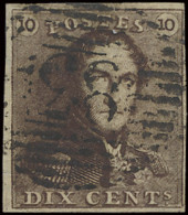 N° 1 10c. Bruin, Volrandig, P.83 Mons, Mooie Afstempeling Kopstaand, Prachtig, Zm (COBA €5) - 1849 Schulterklappen