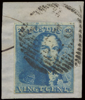 N° 2-V2 (Balasse) 20c. Blauw, Twee Griffe Door De O Van Postes, Volrandig, Op Fragment, Zm (OBP €230) - 1849 Epaulettes