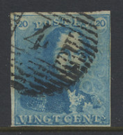 N° 2 20c. Blauw, Wazige Druk (licht Verschoven Druk - Vooral Rechts Onderaan), P.4-Anvers, Zm (OBP €60) - 1849 Hombreras