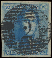 N° 2A 20c. Blauw, Volrandig, P.2 Alost, Positie 10, Mooie Afstempeling, Prachtig, Zm (COBA €15) - 1849 Epauletten
