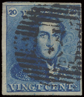 N° 2A 20c. Blauw, P.3-Andenne, Mooi Gerand, Centraal Gestempeld, Verdunning In De Linkerbovenhoek, M/ntz (OBP €60 + COBA - 1849 Epaulettes