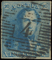 N° 2A 20c. Blauw Met P.4-Anvers, Prachtige Griffe In De Ondermarge Links, Mooi Gerand, Zm/m (OBP €60) - 1849 Schulterklappen