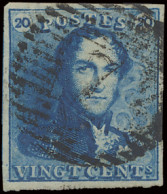 N° 2A 20c. Blauw, Volrandig, P.7 Ath, Centrale Afstempeling, Dubbele Druk (wazig Aanzicht), Prachtig, Zm (COBA €25) - 1849 Hombreras