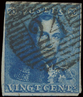 N° 2A 20c. Blauw, P.24, Mooi Gerand Maar Linkerbovenhoek Licht Geraakt, Met Ondergebuur, Dun Papier (OBP €60) - 1849 Epauletten