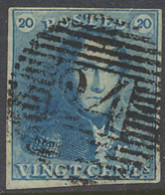 N° 2A 20c. Blauw, Volrandig, P.24 Bruxelles, Mooie Centrale Afstempeling, Zm - 1849 Epaulettes