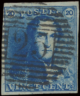 N° 2A 20c. Blauw, Volrandig, P.25 Charleroi, Centrale Afstempeling, Prachtig, Zm (COBA €5) - 1849 Epauletten