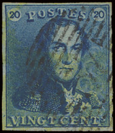 N° 2A 20c. Blauw, Volrandig, P.37 Eeclo (heel Lichte Afstempeling), Vele Griffen In Het Zegelbeeld, Zm (COBA €100) - 1849 Epauletten